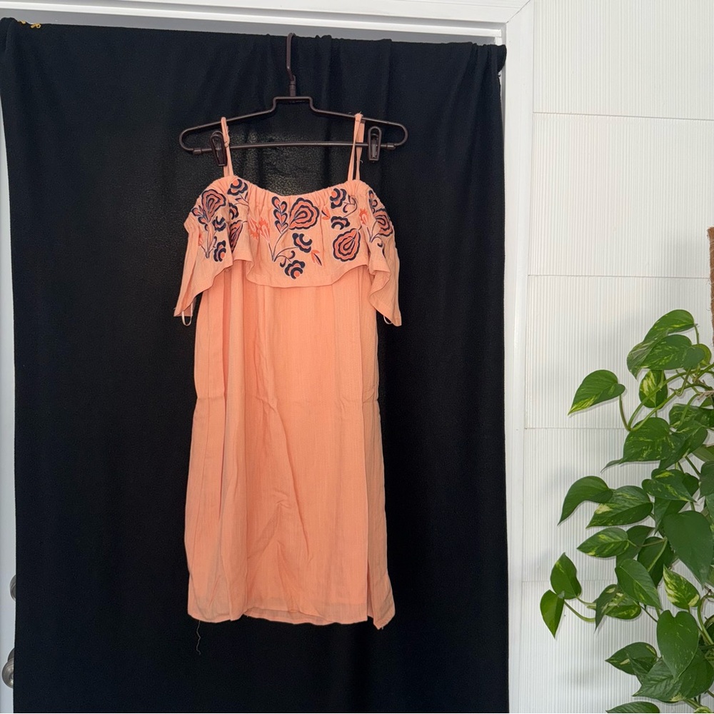 Orange embroidered floral off the shoulder dress